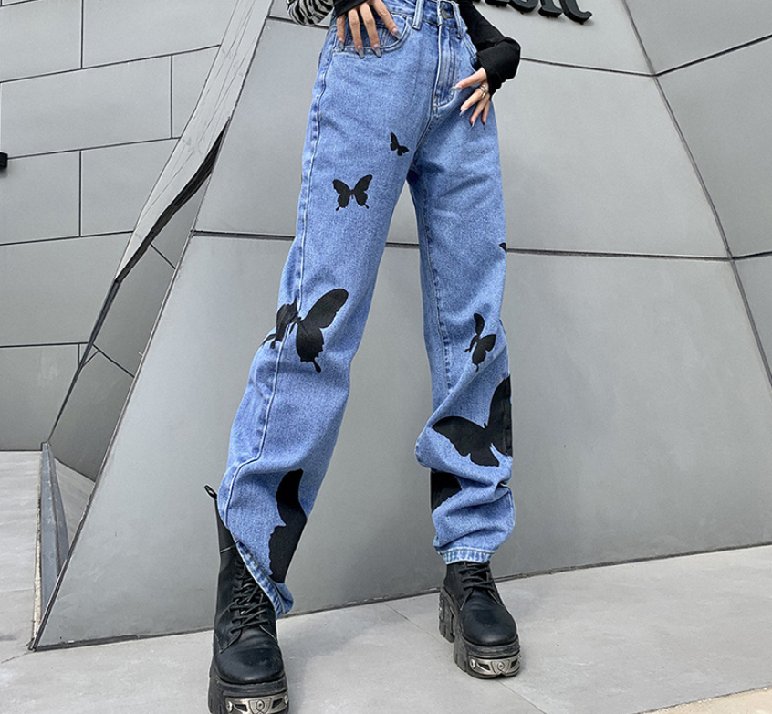 High-Waisted Print All-Match Denim Straight Pants