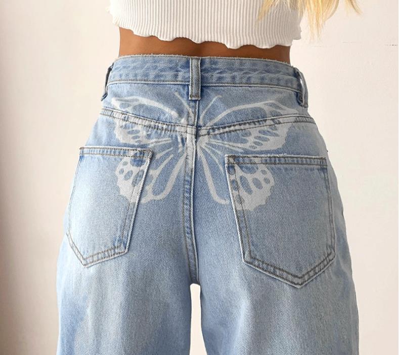 High-Rise Butterfly Print Jeans