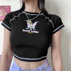 Butterfly Letter Print Cropped Top