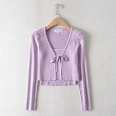 Flat-mouth Threaded Camisole Knitted Cardigan