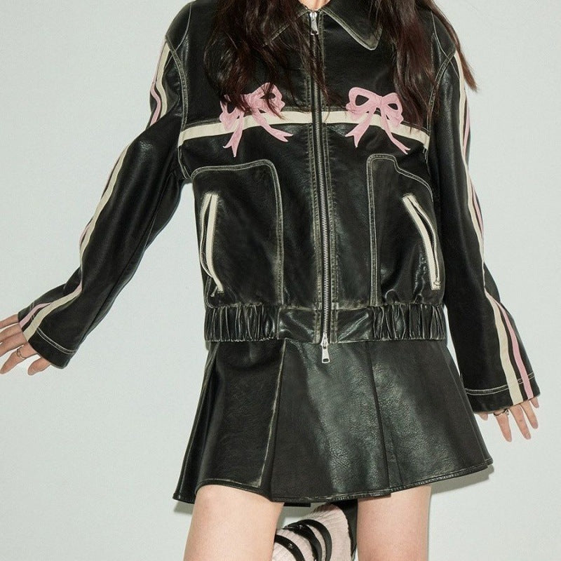 Bow Embroidery Piping Details Leather Jacket