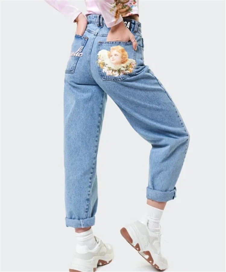 High Waist Angel Print Jeans