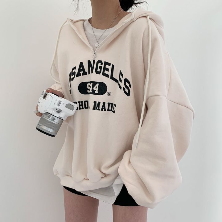 Vintage Letter Print Half Zip Oversized Hoodie