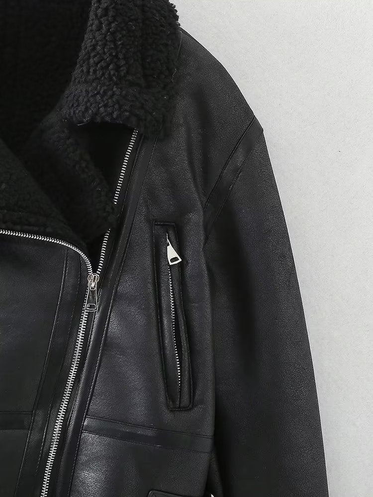 Lamb Wool Zip Up Pu Leather Jacket