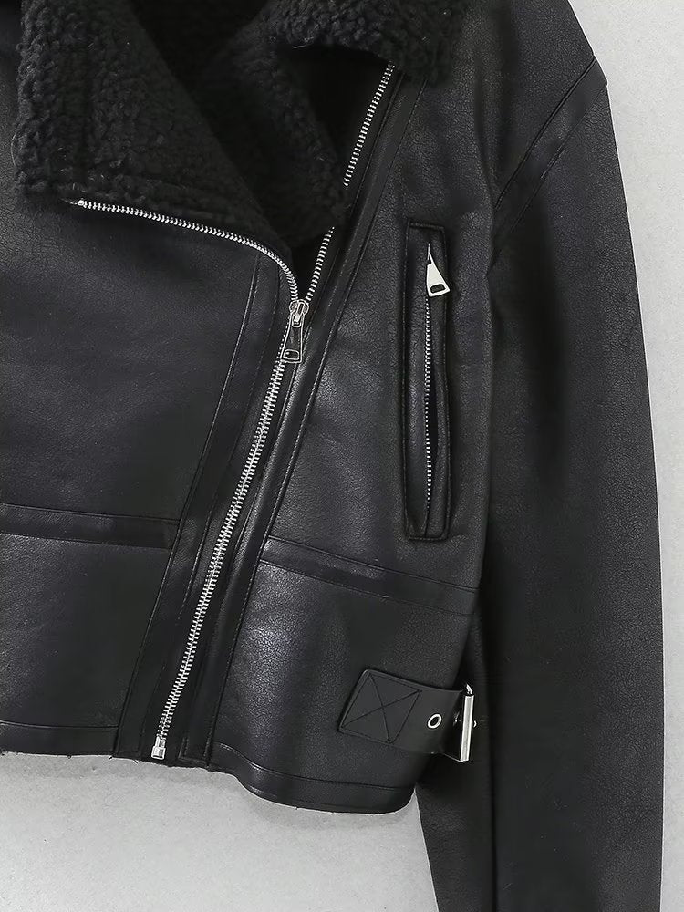 Lamb Wool Zip Up Pu Leather Jacket