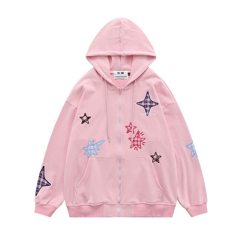 Embroidery Plaid Star Zip Up Hoodie