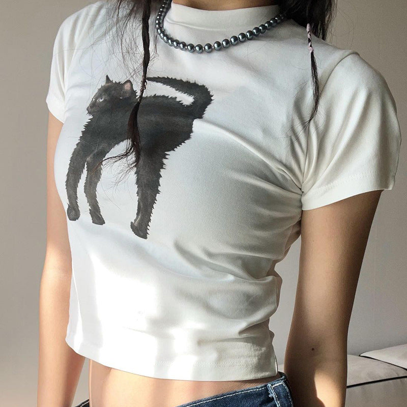 Black Cat Printed Crop Top