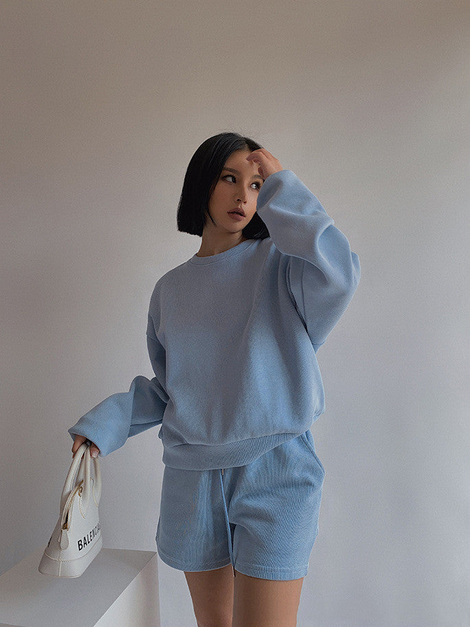 Drop Shoulder Halp Zip Sweatshirt & Drawstring Shorts Set