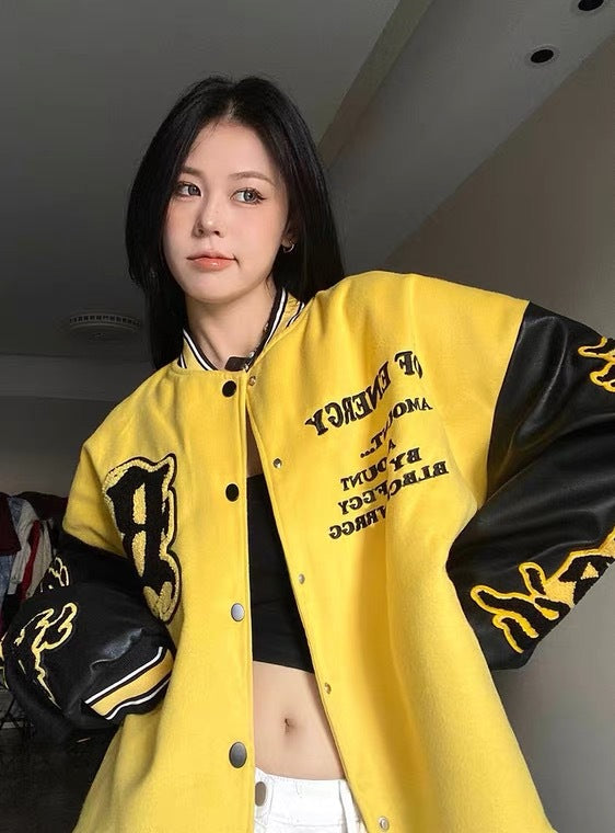 Collar Contrast Loose Baseball Jacket