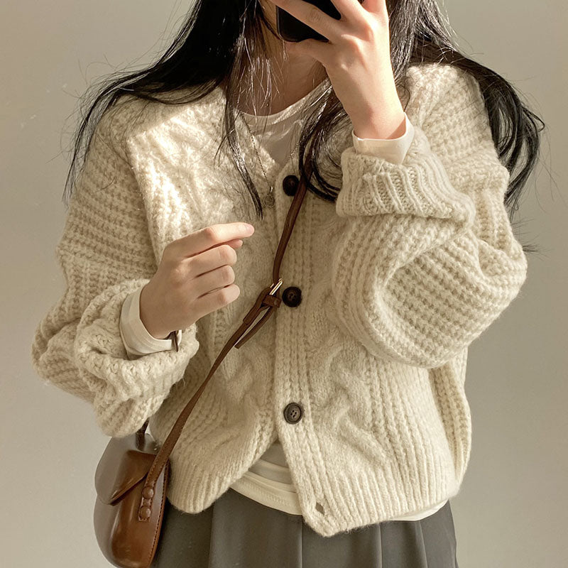 Solid V Neck Puff Sleeve Cable Knit Cardigan