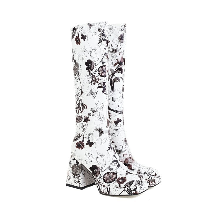 Colorful Floral Square Toe Boots