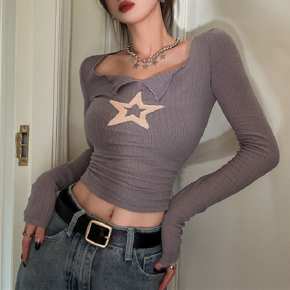 Star Patch Long Sleeve Knit Crop Top