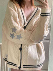 Oversize Star Embroidered Cable Knit Cardigan