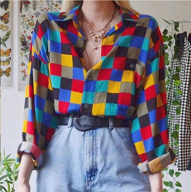 Colorful Printed Lapel Casual Top