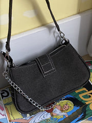 Chain Detail Star Buckled Denim Shoulder Bag