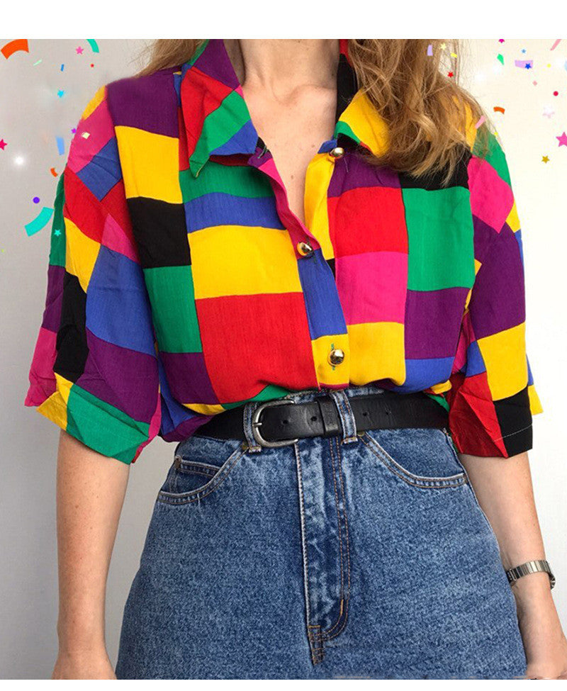 Colorful Printed Lapel Casual Top