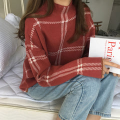 Core-spun high neck plaid sweater