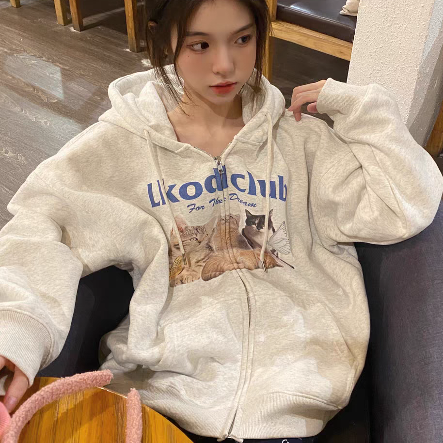 Cute Cats Print Oversized Zip Up Hoodie