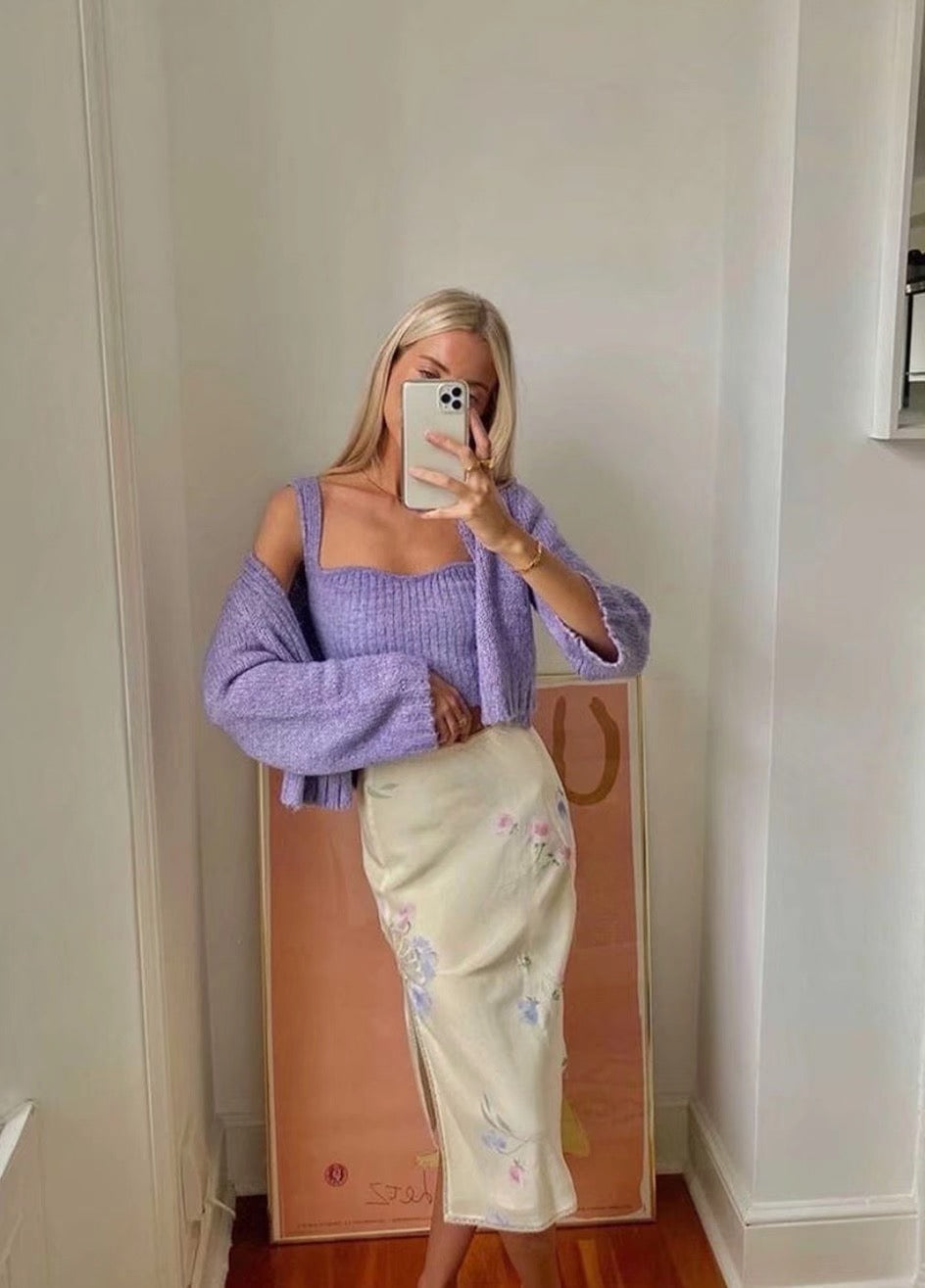 Knitted Purple Sling V-neck Cardigan