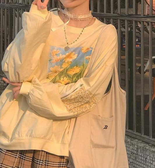 Aesthetic Daisy Print Oversized Long Sleeve Tee