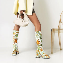 Colorful Floral Square Toe Boots