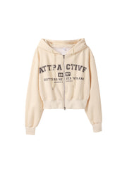 Vintage Letter Printed Zip Up Hoodie