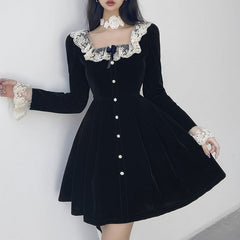 Elegant Square Neck High Waist Long Sleeve Velvet Dress