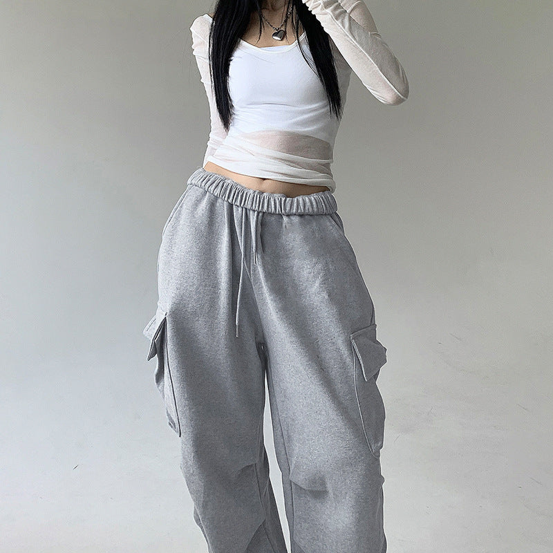 Solid Color Pocket Pleated Sweatpants