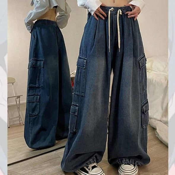 Tie Strap Baggy Cargo Jeans