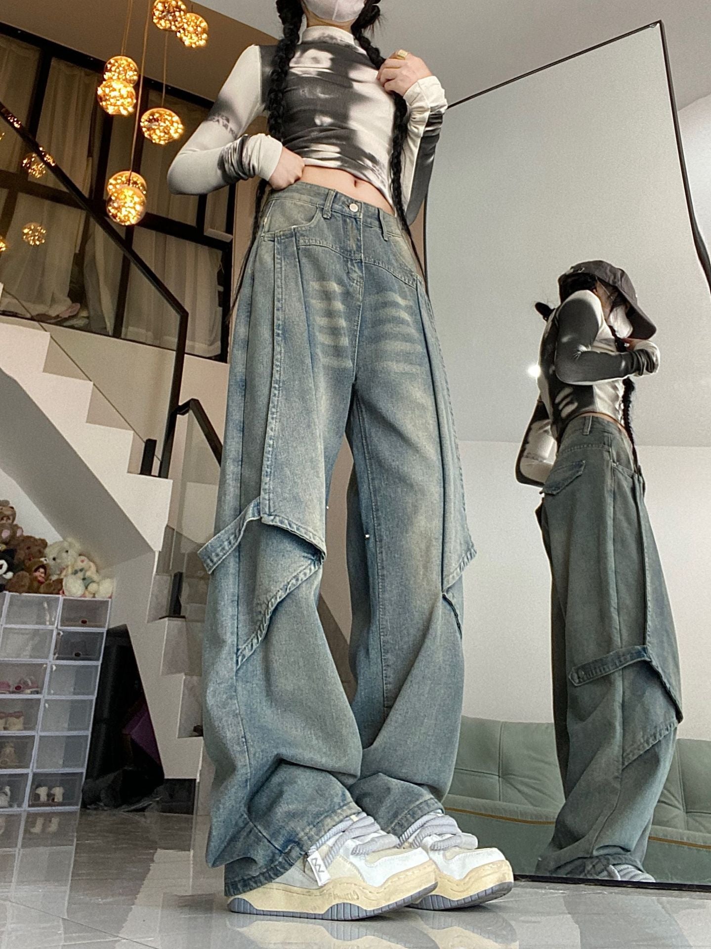 Retro Washed Wide Leg Patchwork Boyfriend Jeans