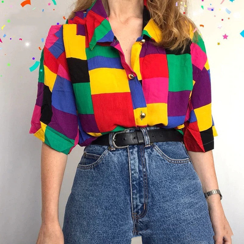 Colorful Printed Lapel Casual Top