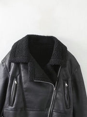 Lamb Wool Zip Up Pu Leather Jacket