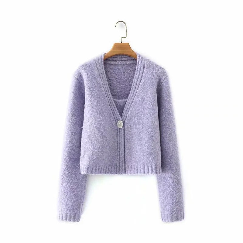 Knitted Purple Sling V-neck Cardigan