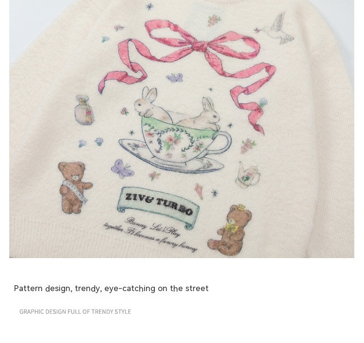 Aesthetic Rabbit Print Oversized Sweater