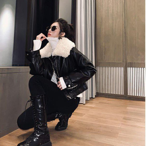 Lamb Wool Collar Pu Leather Jacket