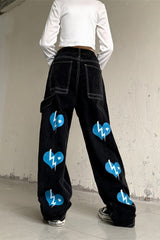 Retro Love  Letters Loose Straight Mop Jeans