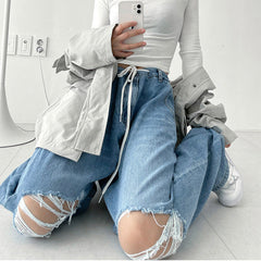 Hip Hop Irregular Ripped High Waist Tie Loose Pants