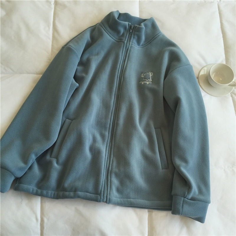 Embroidery Zip Up Fleece Jacket