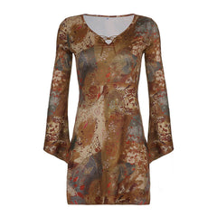 Street Spice Retro Floral Flared Sleeve Dress