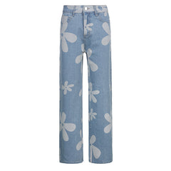 Flower Print High-rise Straight-leg Casual Jeans