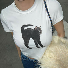 Black Cat Printed Crop Top