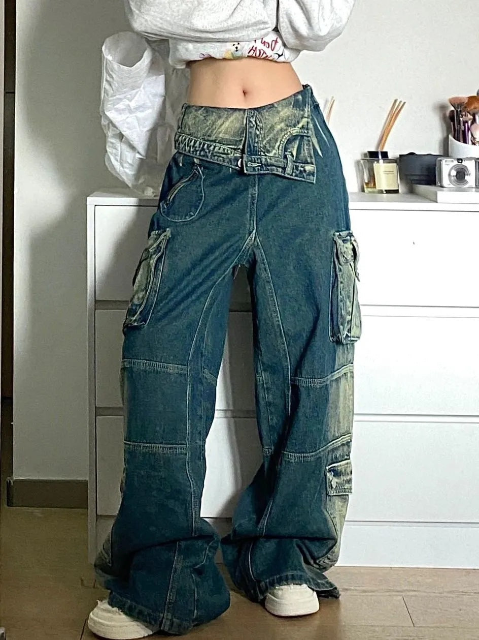 Vintage Contrast Wash Fold Over Cargo Jeans
