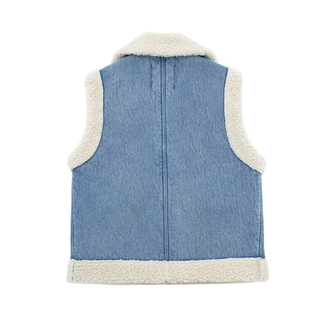 Denim Lamb Wool Sleeveless Jacket