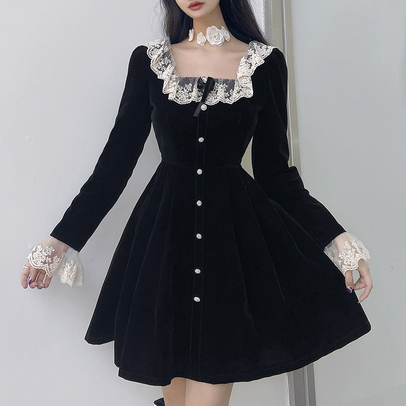 Elegant Square Neck High Waist Long Sleeve Velvet Dress