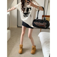 Casual cat Print Short Sleeves Oversized Tee