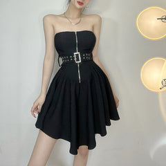 Metal Buckle Belt Draped Hem Irregular A Swing Dress