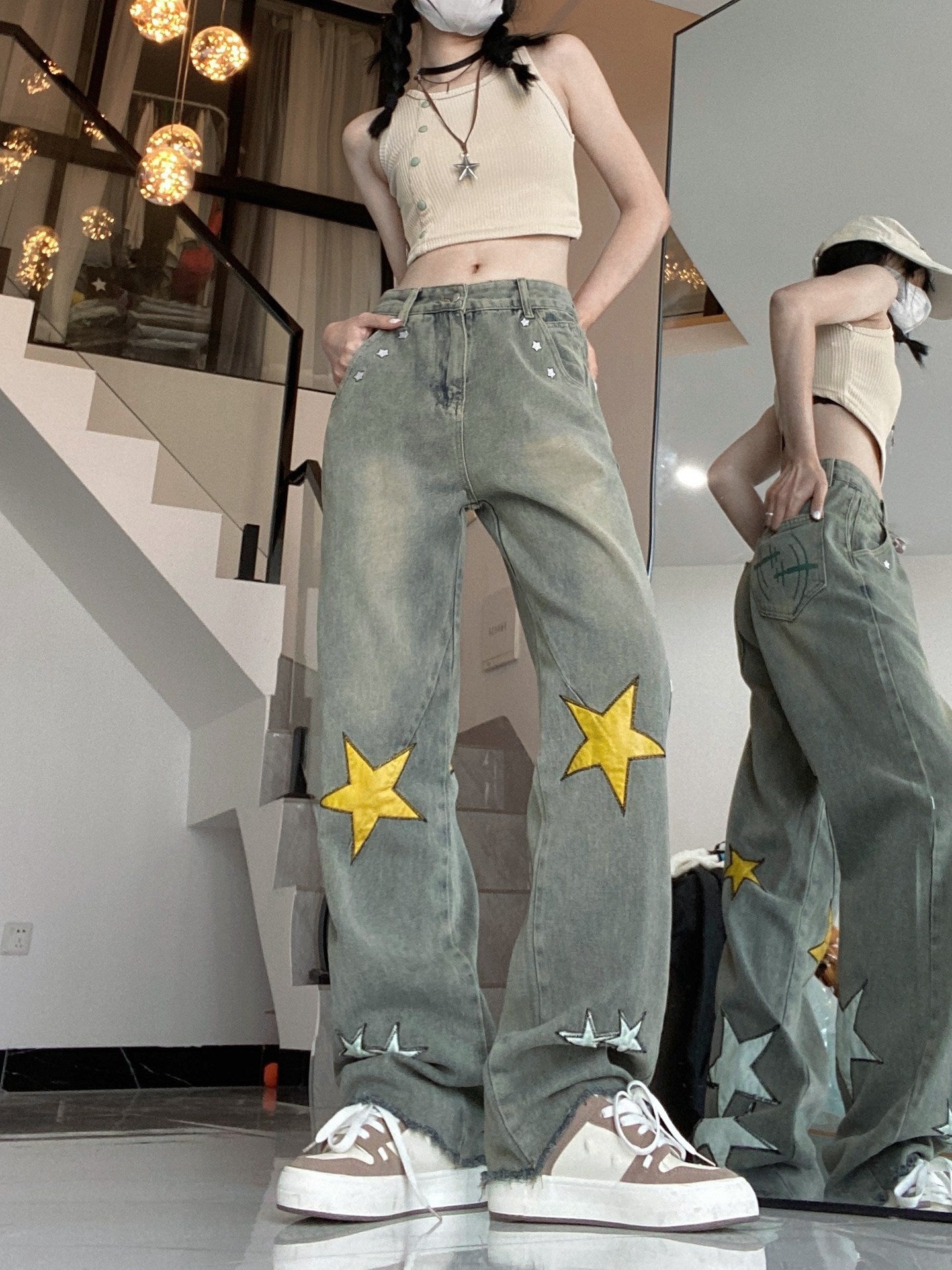 Star Patch Straight Leg Boyfriend Jeans