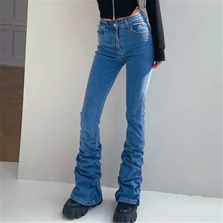 High Waist Gathered Bootcut Jeans