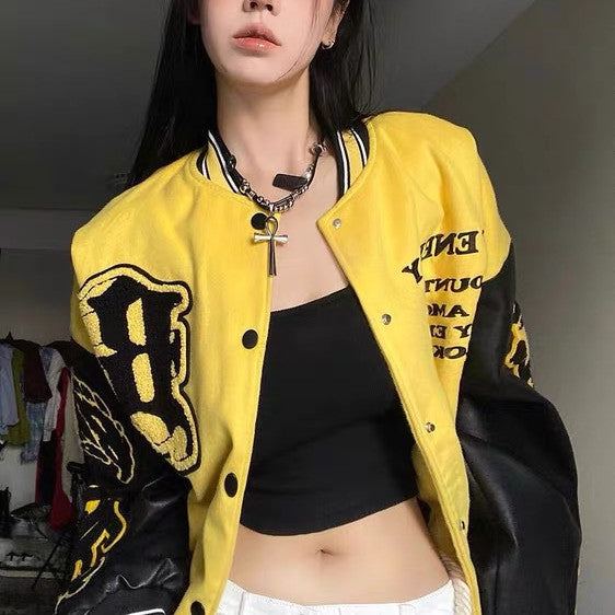 Collar Contrast Loose Baseball Jacket