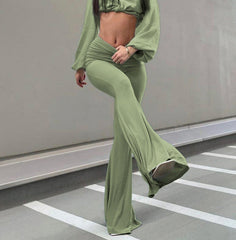 Casual High Waist Green Pants